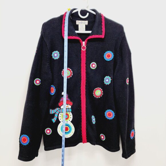 Timberlea Christmas Snowman Cardigan XL Black Sweater Ramie Colorful Embroidery - Picture 3 of 12
